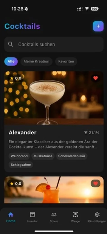 Cocktail overview in the MixMagic app with search and filters