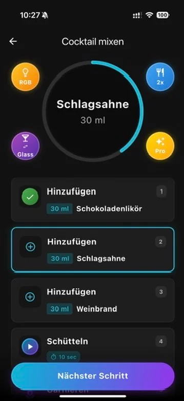 Guided mixing in the MixMagic app with progress ring and step list