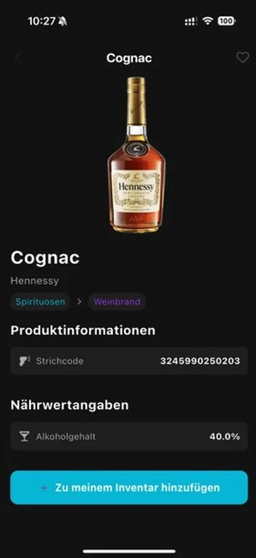 Product view of a scanned cognac bottle in the MixMagic app